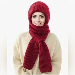 Red Knit Intergraded Scarf Hat